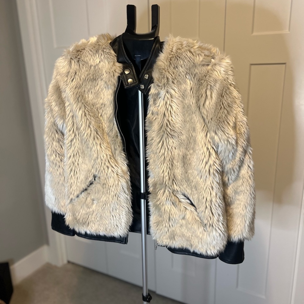 Vici Faux Fur Bomber Jacket in Cream and Black